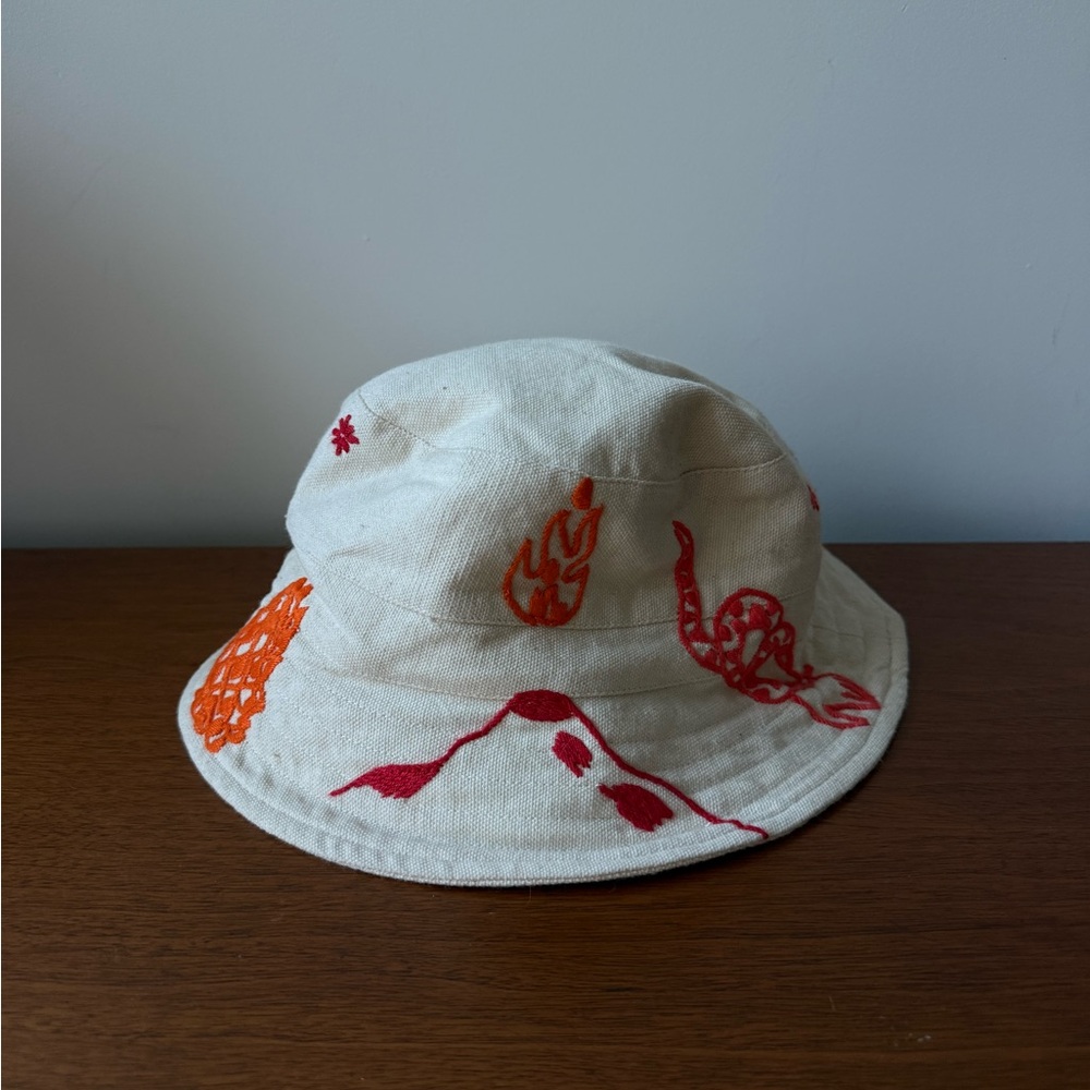 Cream Bucket Hat with Red and Orange Hand Embroidery